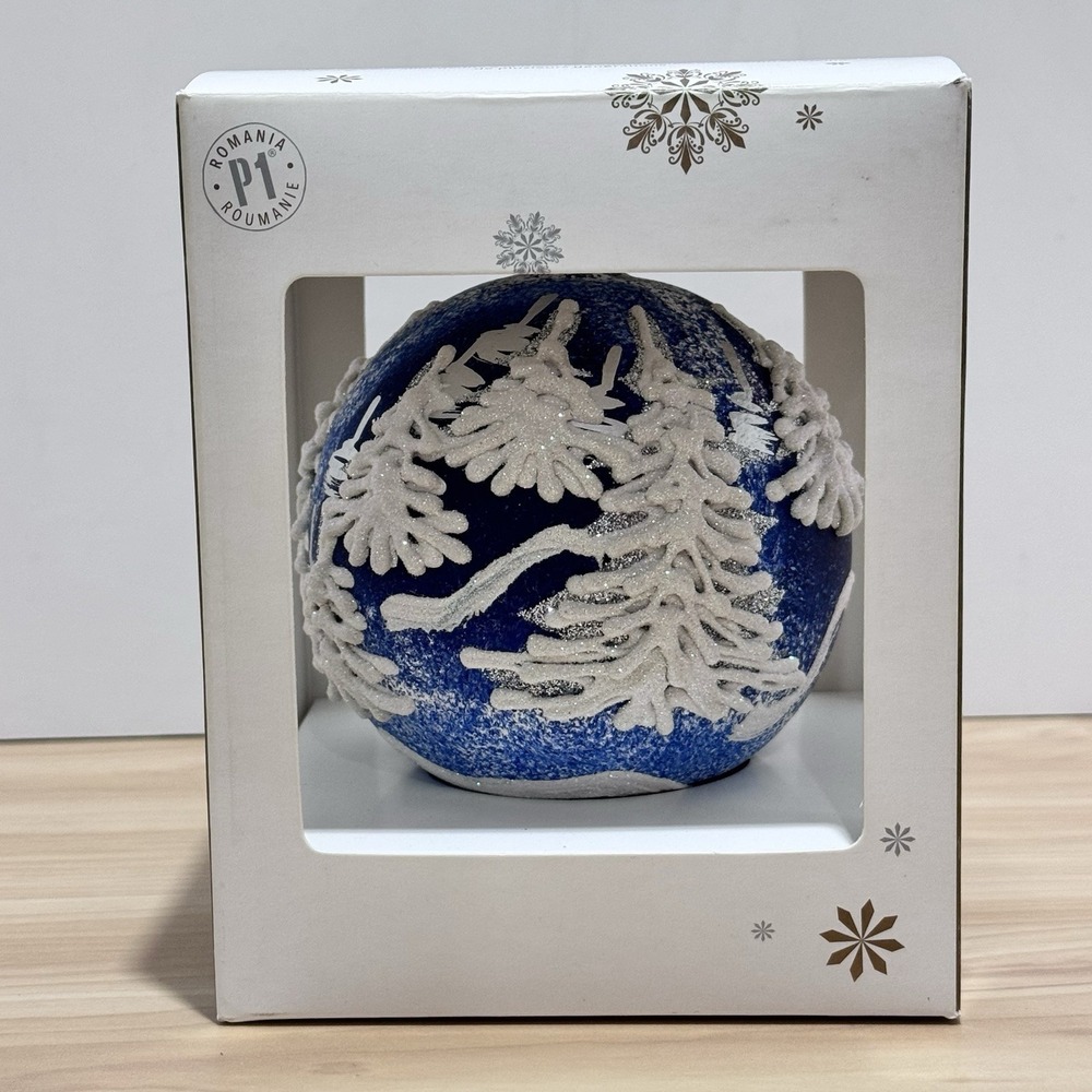 Pier 1 Handblown Christmas Ornament Craciun Fericit Hand Painted European Glass
